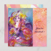 ROSINA / LADY WITH ROSE AND PARROT Pink Sparkles Invitation (Front/Back)