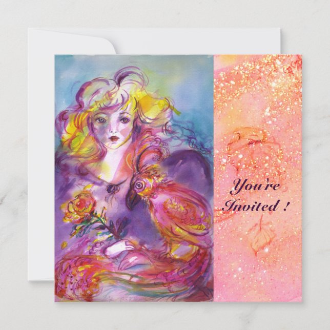 ROSINA / LADY WITH ROSE AND PARROT Pink Sparkles Invitation (Front)