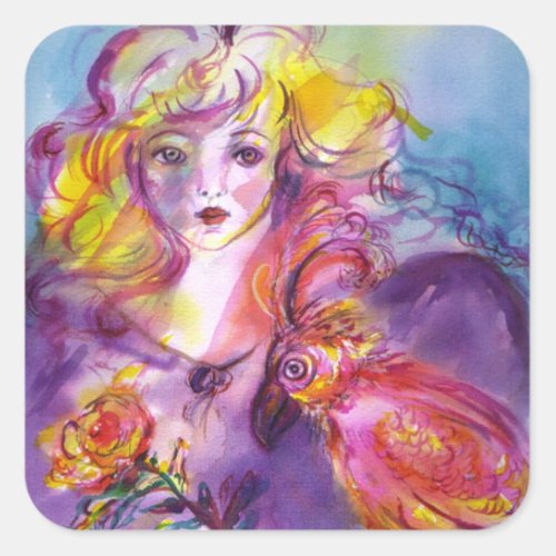 ROSINA Young Girl with Rose and Parrot Square Sticker