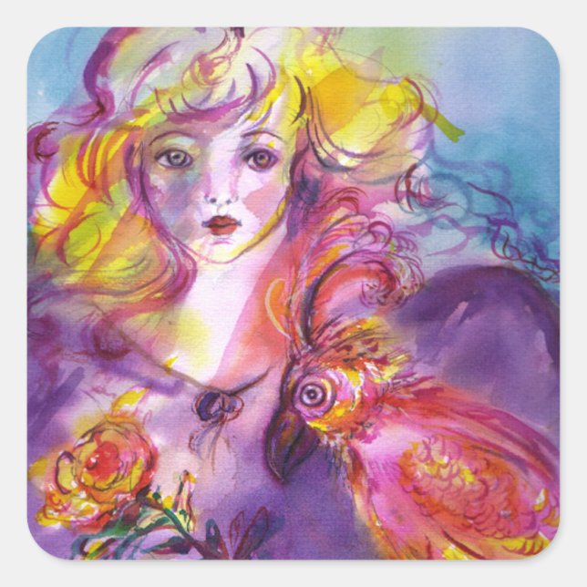 ROSINA /Young Girl with Rose and Parrot Square Sticker (Front)