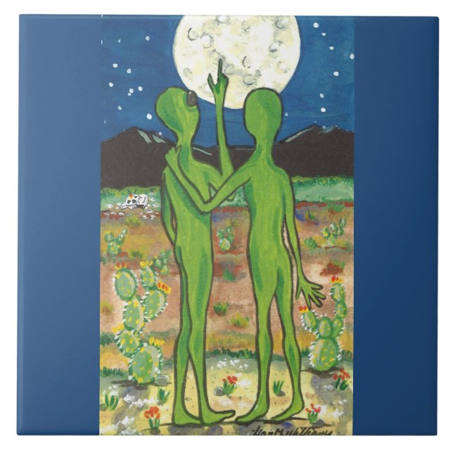 Roswell Alien Romatic Crashed UFO Funny Whimsical Ceramic Tile (Front)
