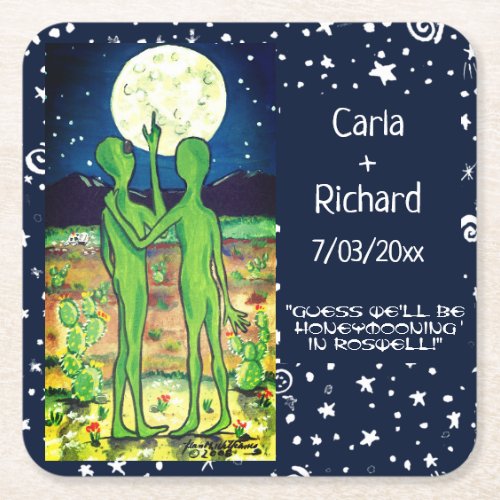 Roswell Alien Wedding Anniversary UFO Funny Custom Square Paper Coaster