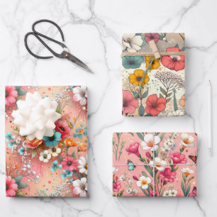 Rosy Bloomscape 3 Wrapping Paper Sheets