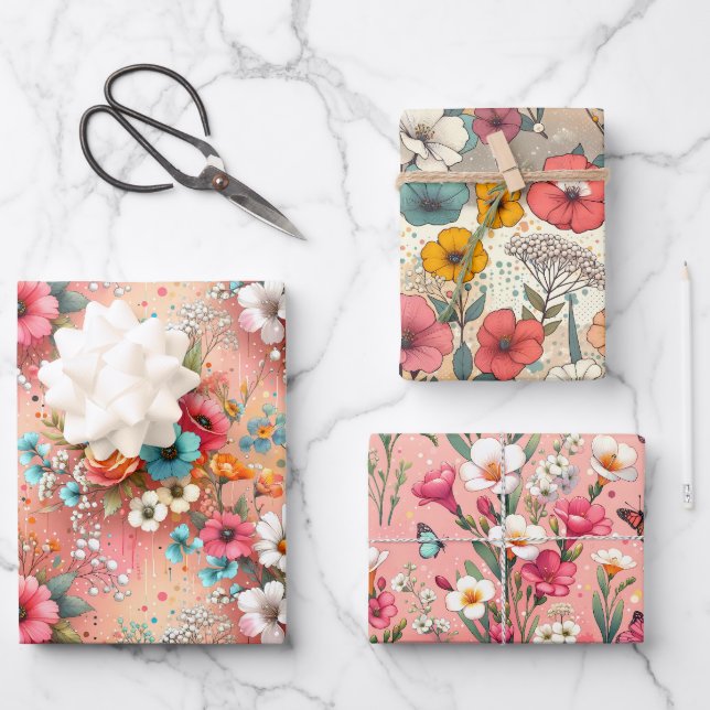 Rosy Bloomscape 3 Wrapping Paper Sheets (Front)
