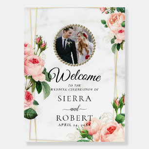 Rosy Blush Floral Photo Wedding Welcome Sign