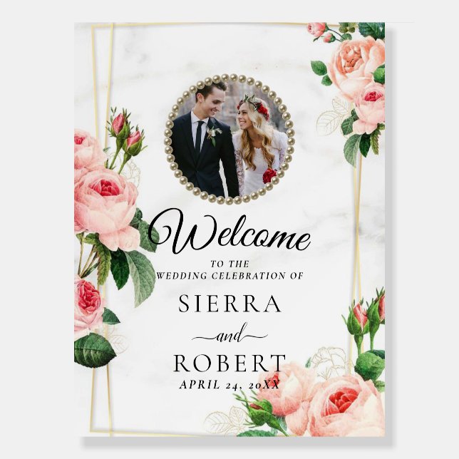 Rosy Blush Floral Photo Wedding Welcome Sign (Front)