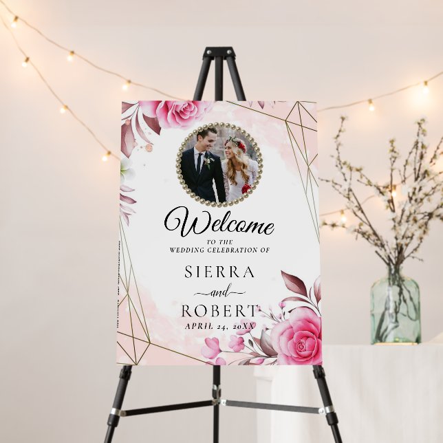 Rosy Blush Modern Photo Wedding Welcome Foam Board (In Situ (Stand))