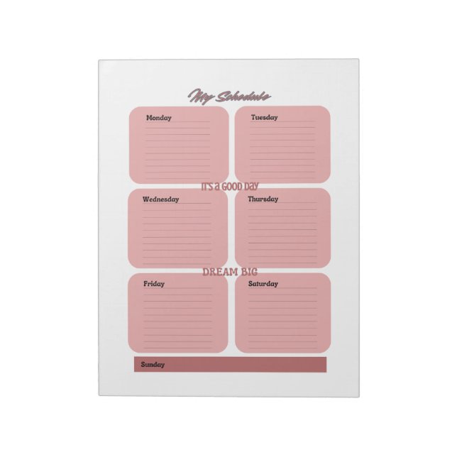 Rosy Blush Planner Schedule Weekly  Notepad (Rotated)