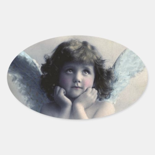 Rosy Cheeked Vintage Angel in Clouds Oval Sticker
