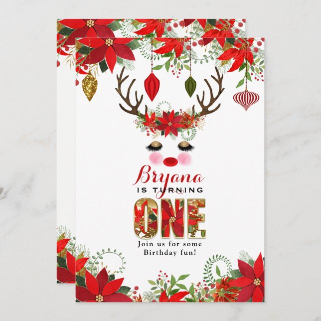 Rosy Cheeks Gold Eyes Floral Reindeer 1ST BIRTHDAY Invitation (Front/Back)