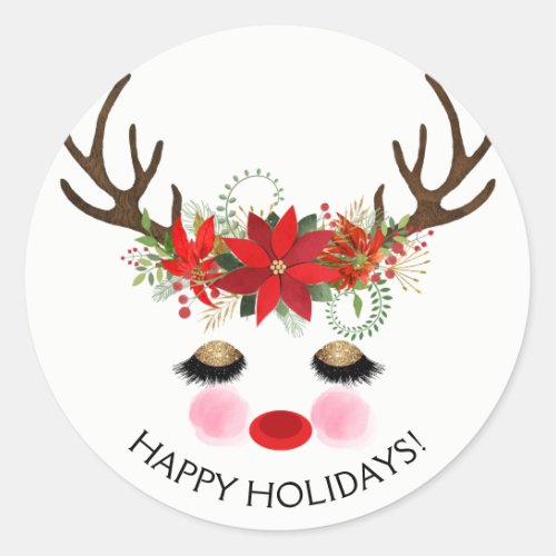 Rosy Cheeks Gold Eyes Floral Reindeer Holiday Classic Round Sticker