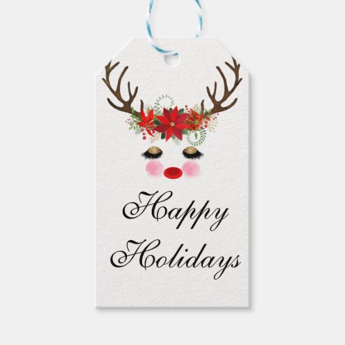 Rosy Cheeks Gold Eyes Floral Reindeer Holiday Gift Tags