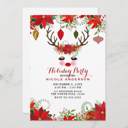 Rosy Cheeks Gold Eyes Floral Reindeer Holiday Invitation