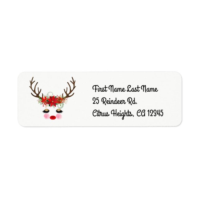 Rosy Cheeks Gold Eyes Floral Reindeer Holiday Label (Front)