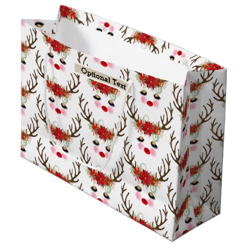 Rosy Cheeks Gold Eyes Floral Reindeer Holiday Large Gift Bag