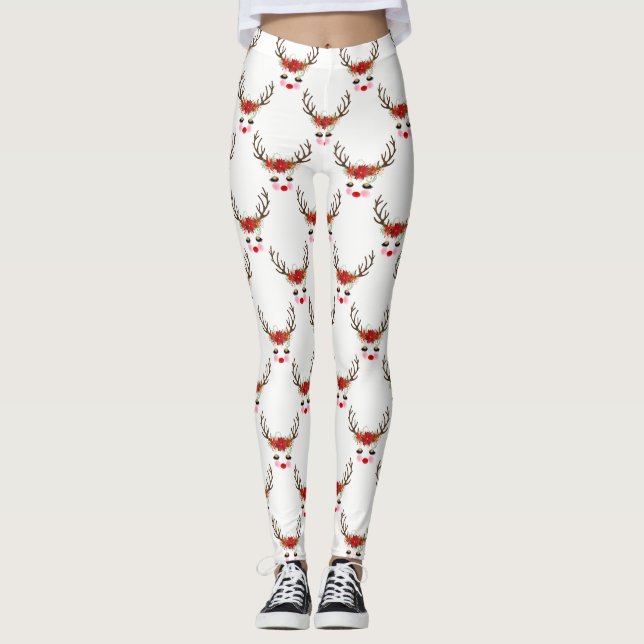Rosy Cheeks Gold Eyes Floral Reindeer Holiday Leggings (Front)