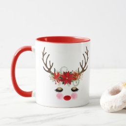 Rosy Cheeks Gold Eyes Floral Reindeer Holiday Mug