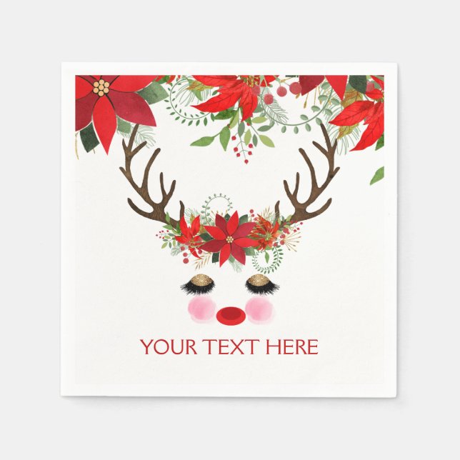 Rosy Cheeks Gold Eyes Floral Reindeer Holiday Paper Napkins (Front)