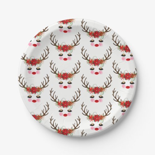 Rosy Cheeks Gold Eyes Floral Reindeer Holiday Paper Plates