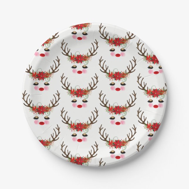Rosy Cheeks Gold Eyes Floral Reindeer Holiday Paper Plates (Front)
