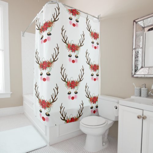 Rosy Cheeks Gold Eyes Floral Reindeer Holiday Shower Curtain