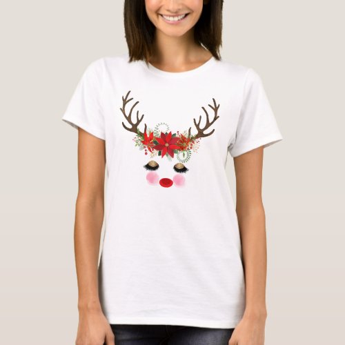 Rosy Cheeks Gold Eyes Floral Reindeer Holiday  T_Shirt