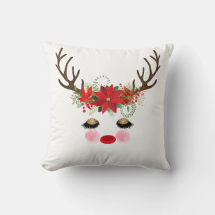 Rosy Cheeks Gold Eyes Floral Reindeer Holiday Throw Pillow