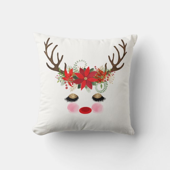Rosy Cheeks Gold Eyes Floral Reindeer Holiday Throw Pillow (Front)