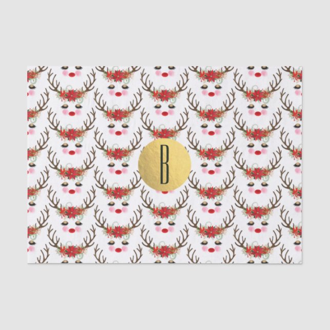 Rosy Cheeks Gold Eyes Floral Reindeer Holiday Tissue Paper (Front)