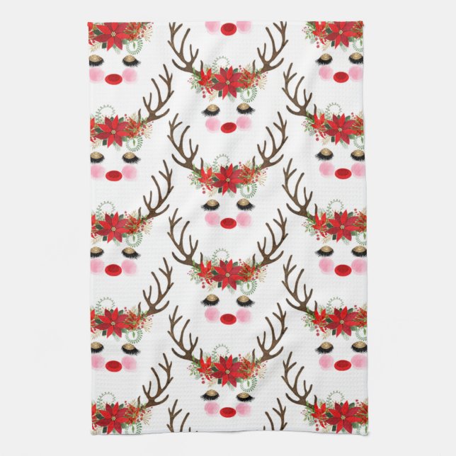 Rosy Cheeks Gold Eyes Floral Reindeer Holiday Towel (Vertical)