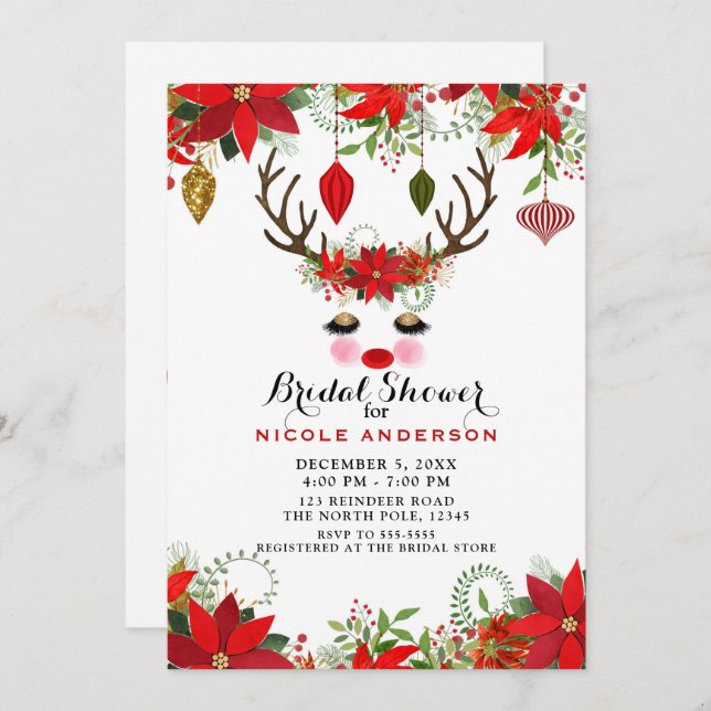 Rosy Cheeks Gold Eyes Reindeer Bridal Shower Party Invitation (Front/Back)
