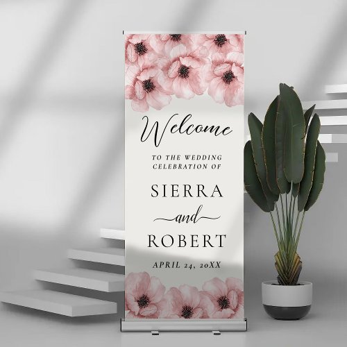 Rosy Floral Calligraphy Wedding Welcome Retractable Banner