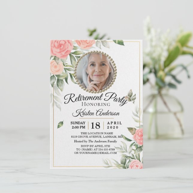 Rosy Flowers Chic Retirement Party Invitation (Standing Front)