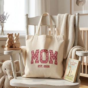 Rosy Heart Mom Est Year Collegiate Lettering Tote Bag