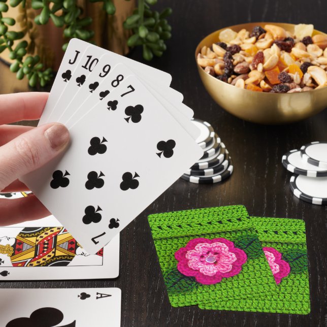 Rosy Hot Pink Flower Cool Spring Green Crochet Poker Cards (In Situ)