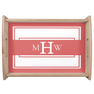Rosy Peach Coral & White Modern Lines Monogram Serving Tray