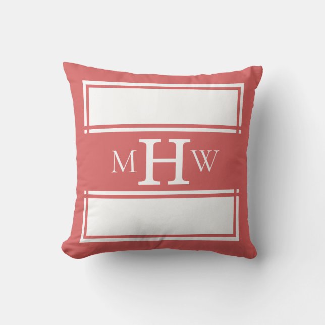 Rosy Peach Pink & White Monogrammed Banner Border Throw Pillow (Front)