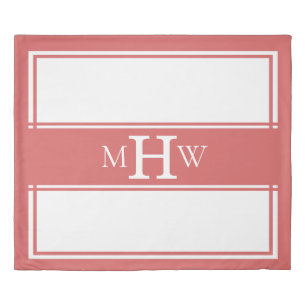 Rosy Peach & White Monogrammed Border Banner King Duvet Cover