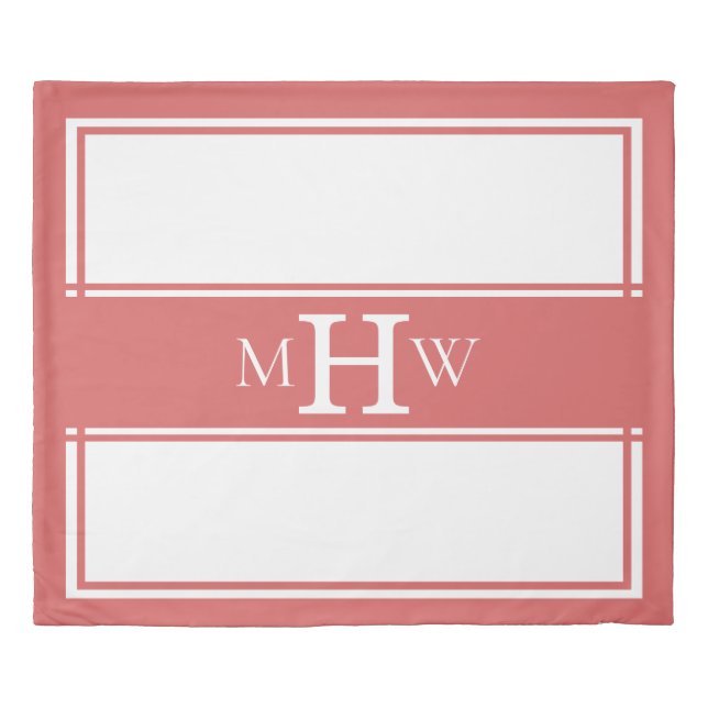  Rosy Peach & White Monogrammed Border Banner King Duvet Cover (Front)