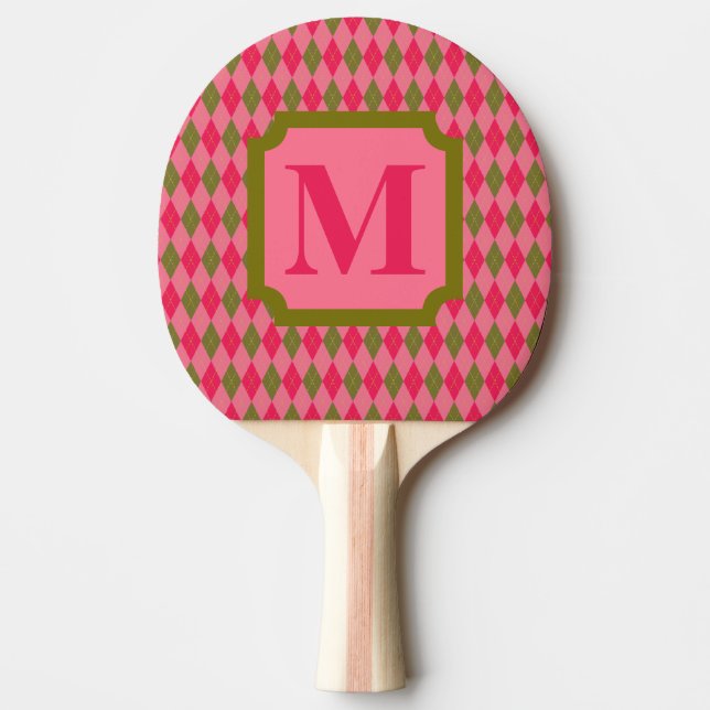 Rosy Pink and Green Argyle Diamond with Monogram Ping-Pong Paddle (Front)