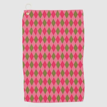 Rosy Pink And Green Diamond Argyle Pattern Golf Towel by CandiCreations at Zazzle