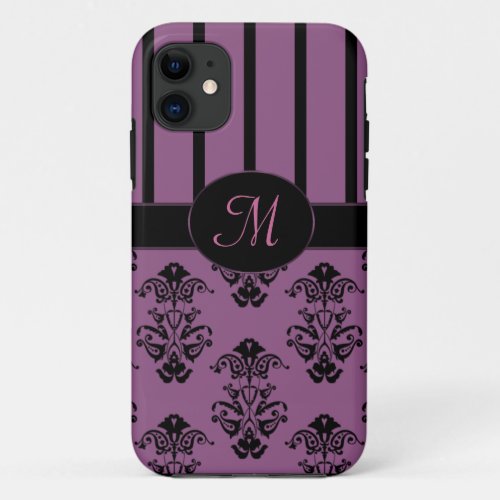 Rosy Pink  Black Baroque Stripes Monogram iPhone 11 Case