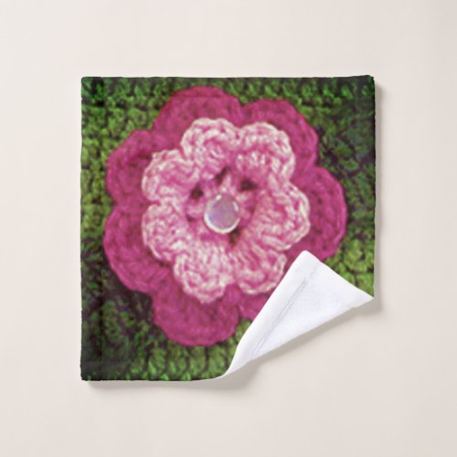 Rosy Pink Flower Green Artisan Crochet Print  Wash Cloth
