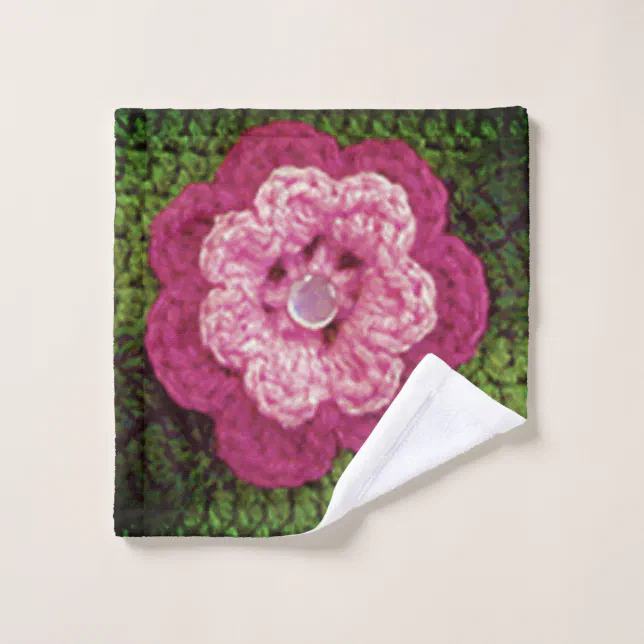Rosy Pink Flower Green Artisan Crochet Print  Wash Cloth (Wash Cloth)
