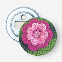 Rosy Pink Flower Natural Green Crochet Print Bottle Opener