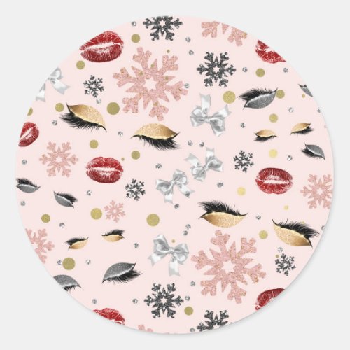 Rosy Pink Girly Beauty Makeup Holiday Christmas Classic Round Sticker
