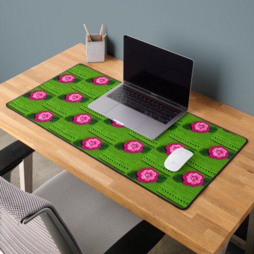 Rosy Pink Hues Floral Green Artisan Crochet Print  Desk Mat