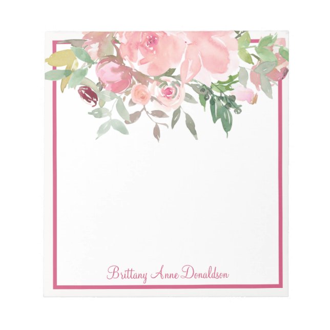 Rosy pink Watercolor Floral Name Personalize Notepad (Front)