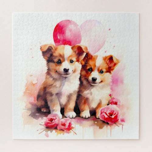 Rosy Puppy Love Watercolor Jigsaw Puzzle