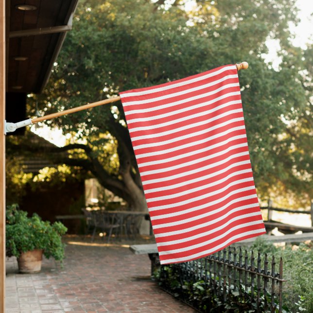 Rosy Red and White Simple Horizontal Striped House Flag (In SItu)